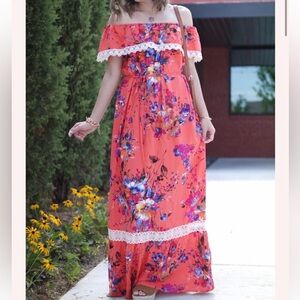 Umgee Floral Crochet Off The Shoulder Maxi Dress